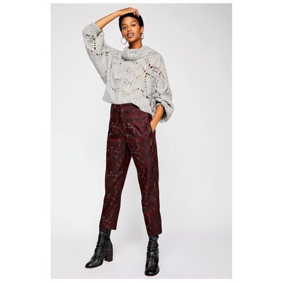 Free People High Waisted Pleated Front Cropped Brocade Jacquard Pants - Picture 7 of 8